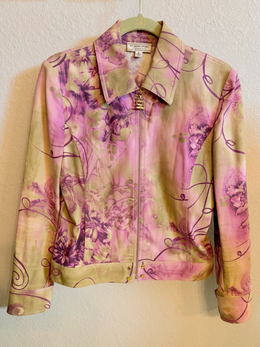 ST. JOHN SPORT by Marie Gray, Watercolor Foral Zip-front Stretch Jacket Sz Small